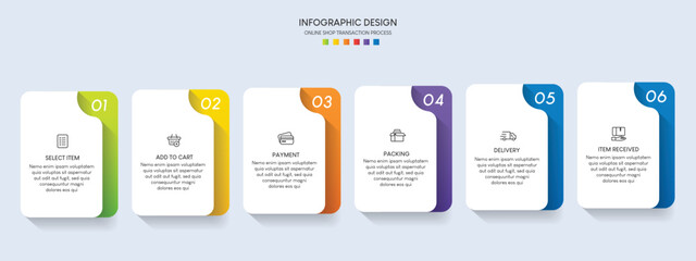 Process of online shopping with 6 steps. Steps business timeline process infographic template
