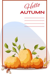Autumn flyer with pumpkins. Autumn, harvest, Thanksgiving Day concept. Promo sale poster with autumn frame. Design for invitation, card, brochure, flyer