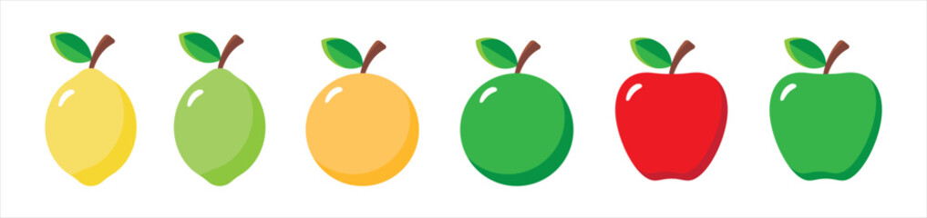 Fruits icon set. Lemon, Lime, orange, citrus, apple red green symbol signs, vector illustration