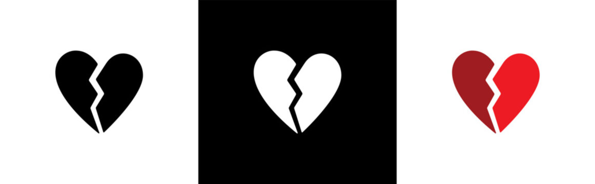 Heartbreak, broken heart or divorce icon style symbol signs, vector illustration