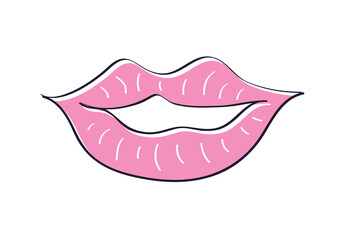 Sexy pink smile lips or lipstick kiss isolated cartoon vector doodle illustration