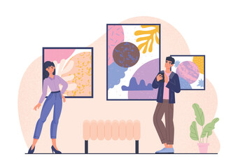 Abstract art concept. Man and woman in art gallery, in museum. Love for creativity, intellectual rest. Culture and traditions. Leisure and rest. Modern exhibition. Cartoon flat vector illustration
