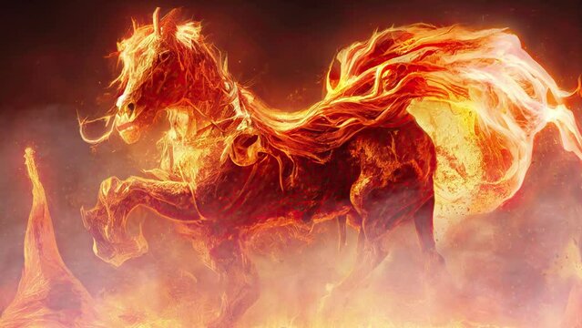 A Fantasy fire horse stallion running from hell through a rocky lava landscape. 3D illustration. A hellish theme for Halloween night.