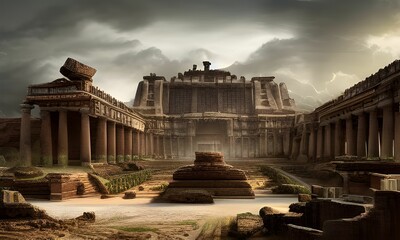 3D illustratie van de verloren ruïnes van hangende tuinen van Babylon onder de bewolkte hemel