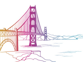 Golden Gate Bridge. San Francisco, USA. Hand drawn line sketch. Ink drawing. Colourful vector illustration on white.