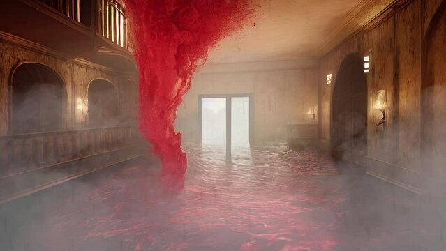indoor of a terrifying haunted hotel of horrors with rivers of blood pouring through the hall corridor. Halloween theme and horror background.