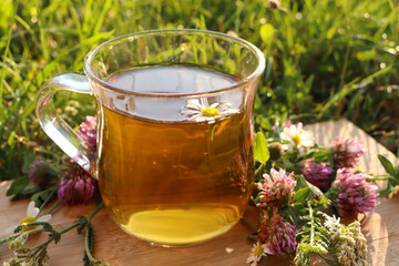 Cup of aromatic herbal tea and different wildflowers on wooden board in meadow