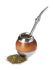 Calabash and bombilla with mate tea on white background