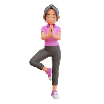 Cute girl yoga pose 3d cartoon illustration