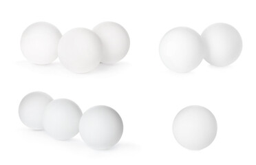 Set with ping pong balls on white background