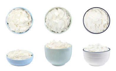 Set with tasty cream cheese on white background