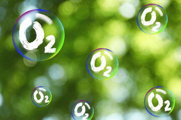 O2 molecules in bubbles and blurred view of green background. Oxygen release concept - obrazy, fototapety, plakaty