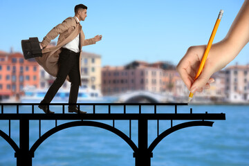 Woman drawing bridge to help businessman walk over. Connection, relationships, support and deal concept