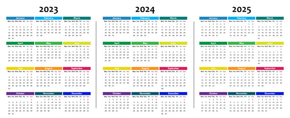 Standard Calendars displayed on three months rows 