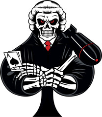Skeleton wearing a Judge's Costume, holding a Bomb in one hand and a Black Jack cards in the other