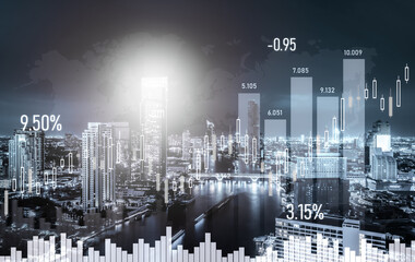 Financial graphs and digital indicators overlap with modernistic urban area, skyscrabber for stock market business concept. Double exposure.