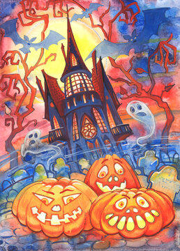 A gloomy night estate with a tower and a night view with moon, ghosts, bats and pumpkin lanterns is a Halloween handmade watercolor art.