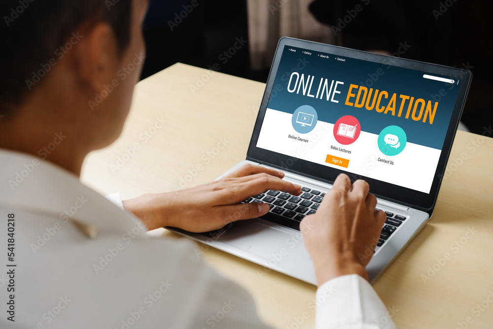 Poster e-learning website with modish sofware for student to study online on the internet network