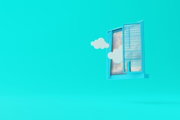 An isolated window on a blue background with outgoing clouds and sky as a look. Concept of looking at the world. 3d render