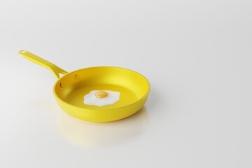 Yellow frying pan with a fried egg on a light background. The concept of preparing a dish with egg, frying an egg in a pan. 3d render, 3d