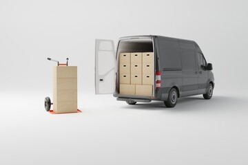 Commercial delivery grey van with cardboard boxes on white background. Delivery order service company transportation box business background with van truck. 3d rendering, 3d illustration.