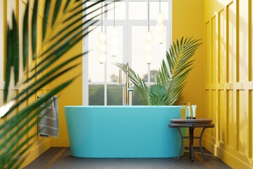 Beautiful modern bathroom with a blue bathtub and a huge window with a pastel yellow color of the walls. Bathroom furnishing concept, modern bathroom. 3d rendering, 3d illustration.