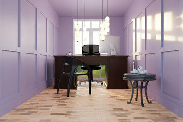 A cozy office with a chair and a desk for applicants with a large window and pastel pink color of the walls. Workplace, office concept. 3d rendering, 3d illustration.