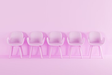 Obraz premium Pink chairs in a row against the wall on a pink pastel background. Waiting room concept, waiting. 3d render, 3d illustration.