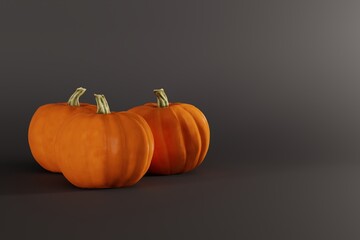 Pumpkins on a dark background. Pumpkin buying and eating concept. 3D render, 3D illustration.