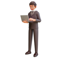 3D illustration of standing happy bussinesman holding laptop. Communication, office workplace concept.