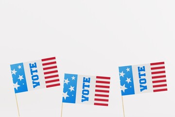 VOTE and USA flag. US, America voting concept. Debates and elections in the US. 3d render, 3d illustration.