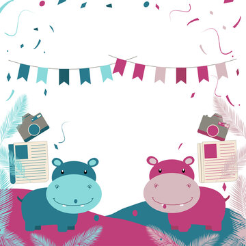 vector illustration blue and pink hippopotamus Safari Animal Cartoon for print, Png.