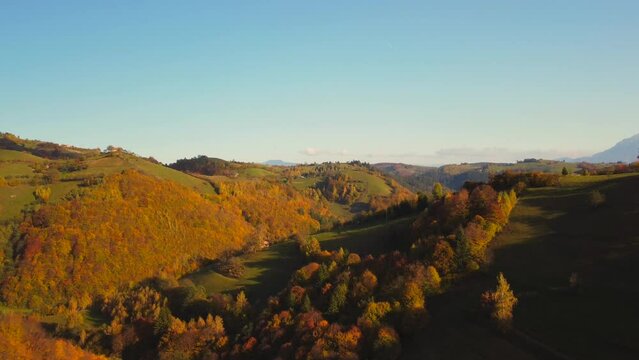 Breathtaking view of the vibrant yellow trees and hills in the Romanian countryside in the fall