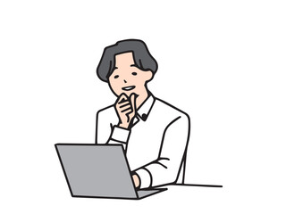 パソコンを見ながら検討する男性