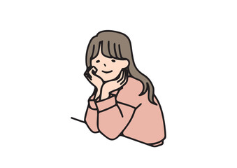 頬杖をついてこちらを見て笑っている女性