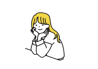 頬杖をついてこちらを見て笑っている女性