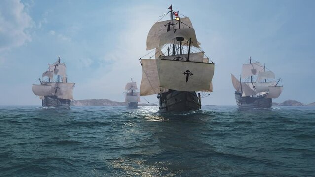 Titel: The NAO VICTORIA in front of Fernando Magellans Armada is the flagship of the spanish expedition to circumnavigate the Globe. 3D illustration animated 