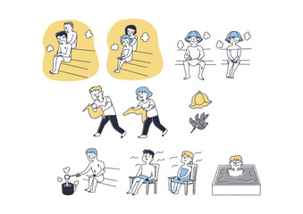 サウナを利用している男性と女性のイラストセット