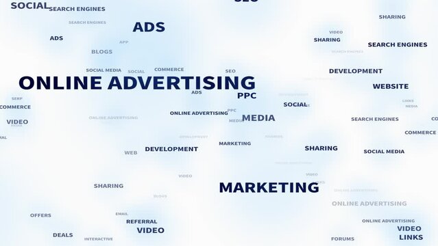 online advertising word tag cloud;important related terms about online advertising drift through cyberspace.text design animation;seamless loop.