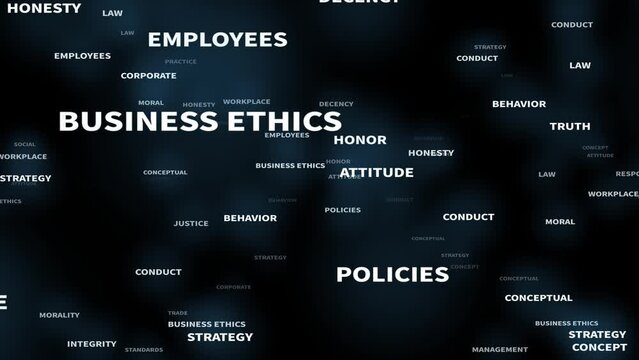 business ethics word tag cloud;important related terms about business ethics drift through cyberspace.text design animation;seamless loop.