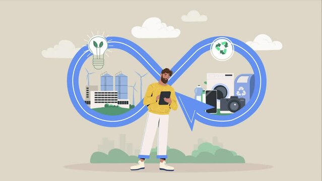 Circular economy video concept. Moving arrow draws infinity symbol as metaphor for complete manufacturing cycle. Sustainability with recycling and waste reduction. Flat graphic animated cartoon