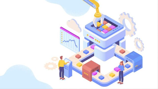 Data visualization video concept. Moving man and woman work on digital technological pipeline and analyze information, graphs and diagrams. Interactive statistics. Isometric graphic animated cartoon