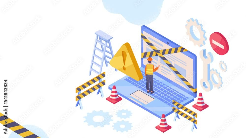 Poster website maintenance process video concept. moving male technician fixes errors and bugs in software.