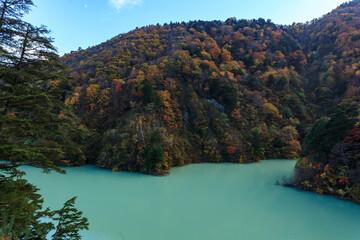 Autumn has come to the dam lake with its unique emerald green color