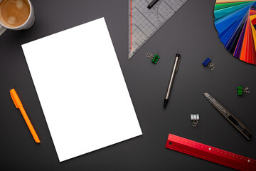 Empty or blank page in top view on creative desk or workplace as mockup or template showing...