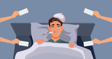 Man Resting in Bed Receiving Treatment for Fever Vector Illustration. Patient feeling sick with high fever and cold symptoms being prescribed antipyretic medication
 - obrazy, fototapety, plakaty