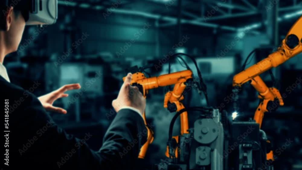 Poster engineer use cybernated robotic software to control industry robot arm in factory . automation manuf