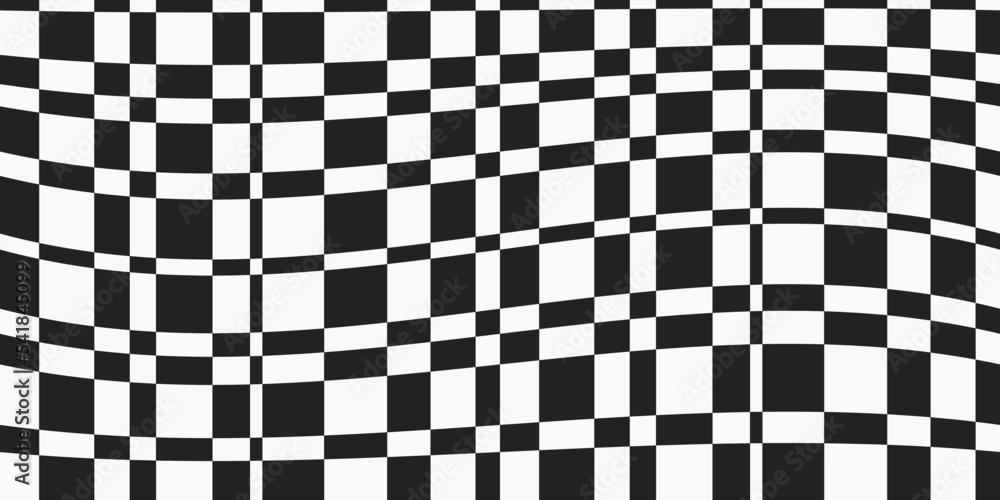 Poster Checkered wavy pattern. Vector with black and white rectangles. The pattern is slightly wavy with a checkerboard pattern.
