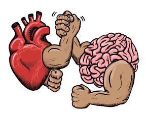 Heart and Brain arm wrestle in an epic showdown between mind and emotions. Colored version.