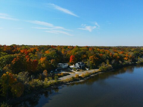 Aerial view of South Elgin, Illinois by the water. USA